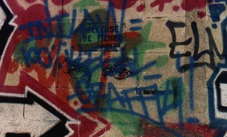 "While the authorities seek to ban images from walls with "Defense de Afficher" (the French equivalent of "Post No Bills"), Le Bateleur, with his wry wall message "Defense de Ficher" (fiches are police files), called for the expunging of names and records of those guilty only of poverty"